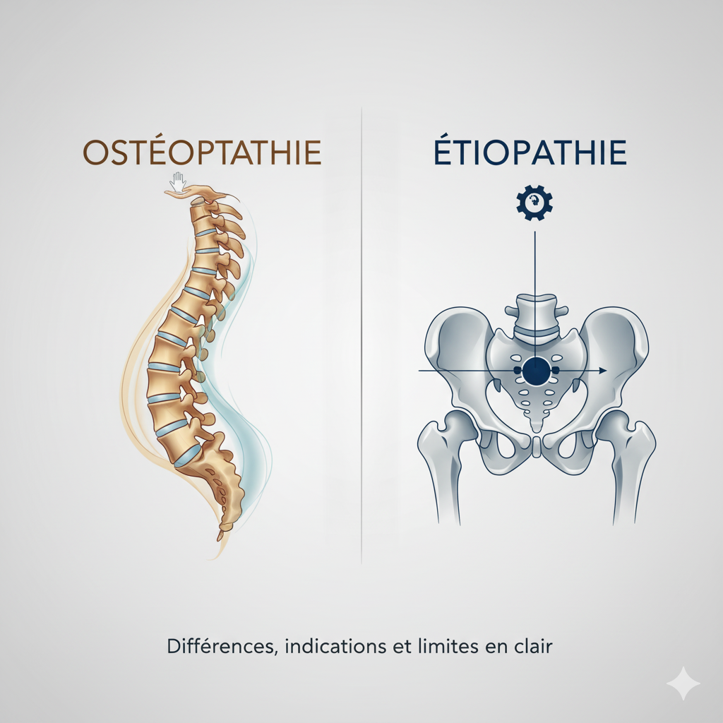 Comparatif ostéopathie et étiopathie deux praticiens en cabinet avec modèle de colonne, ambiance claire