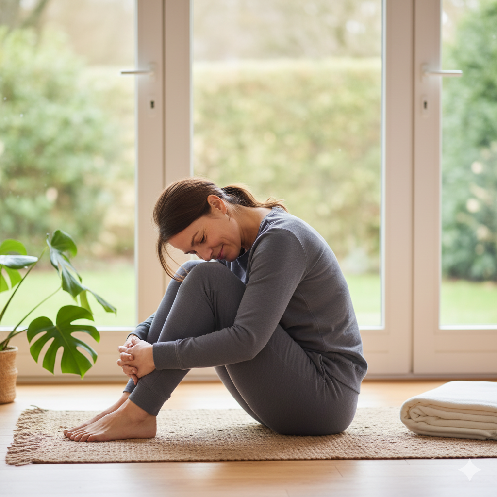 Routine du matin : personne qui s’étire en douceur sur un tapis, lumière douce